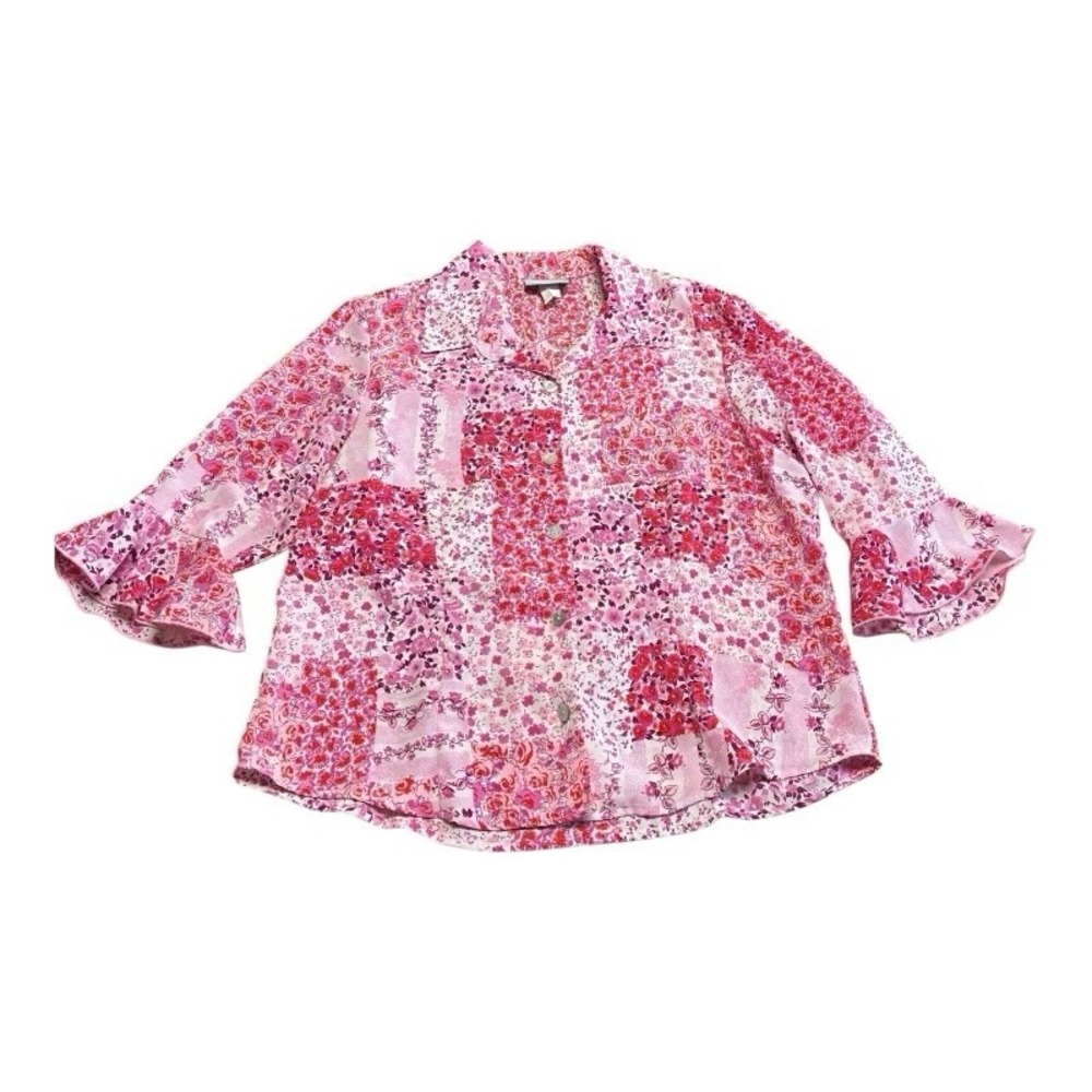 Blair Pink Patchwork Floral Button Front Bell 3/4 Sleeve Blouse Plus Size Large